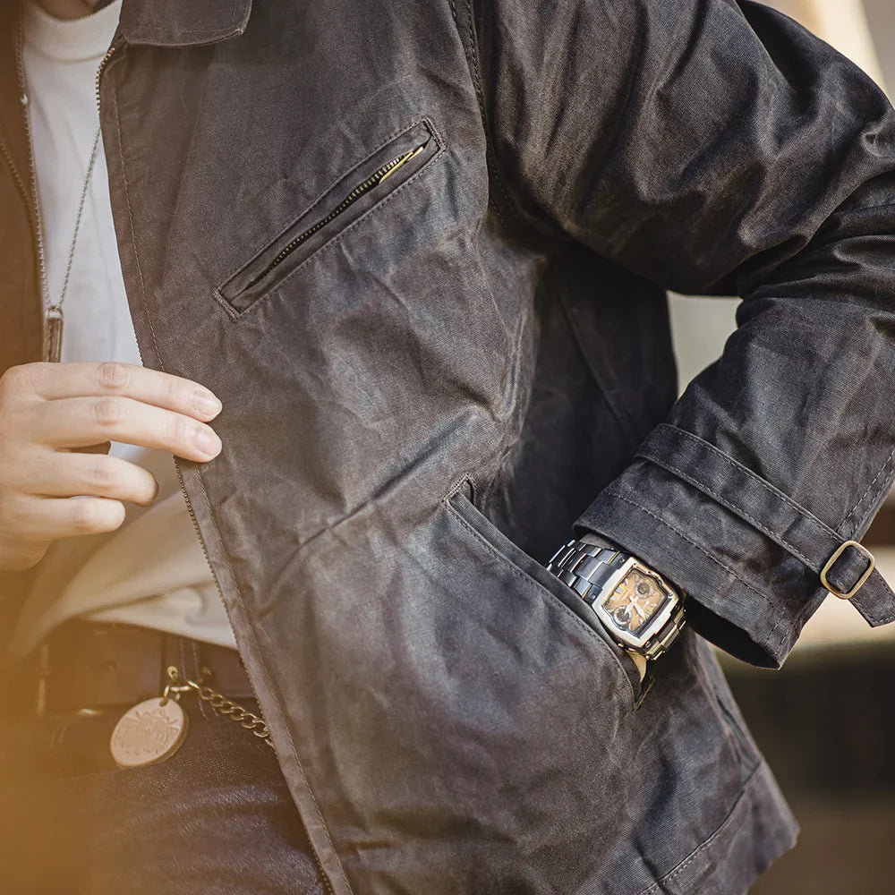 Thomas Hillas | Vintage Herrenjacke aus gewachstem Canvas – IV-Design mit Reißverschluss & Reverskragen, Kurzschnitt, Slim Fit für Frühling & Herbst