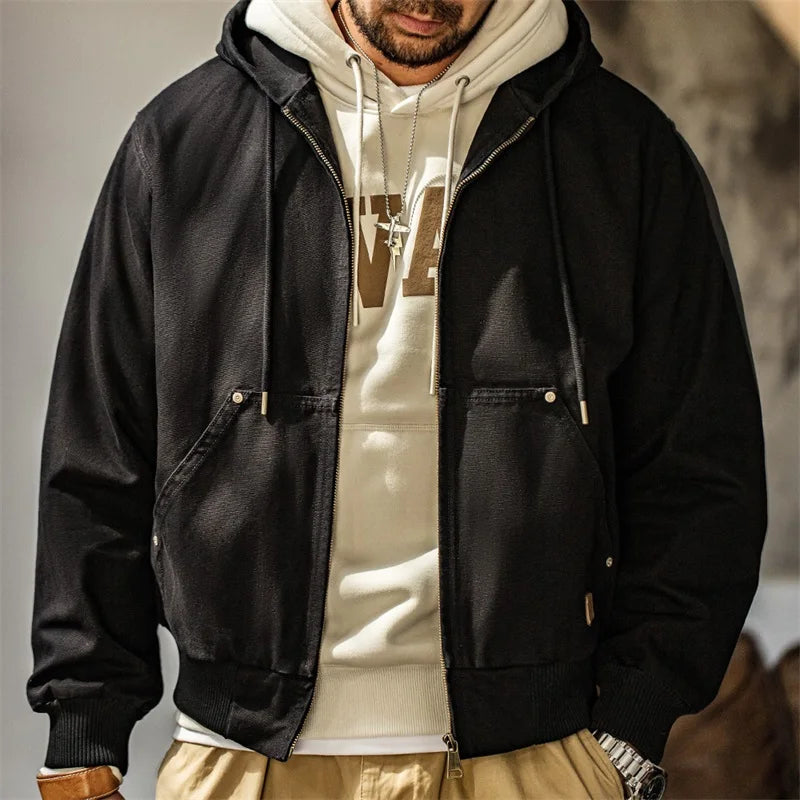 Thomas Hillas | Vintage J130 Herrenjacke – Schwere Canvas-Kapuzenjacke mit Reißverschluss, Kurzschnitt & Unifarbe