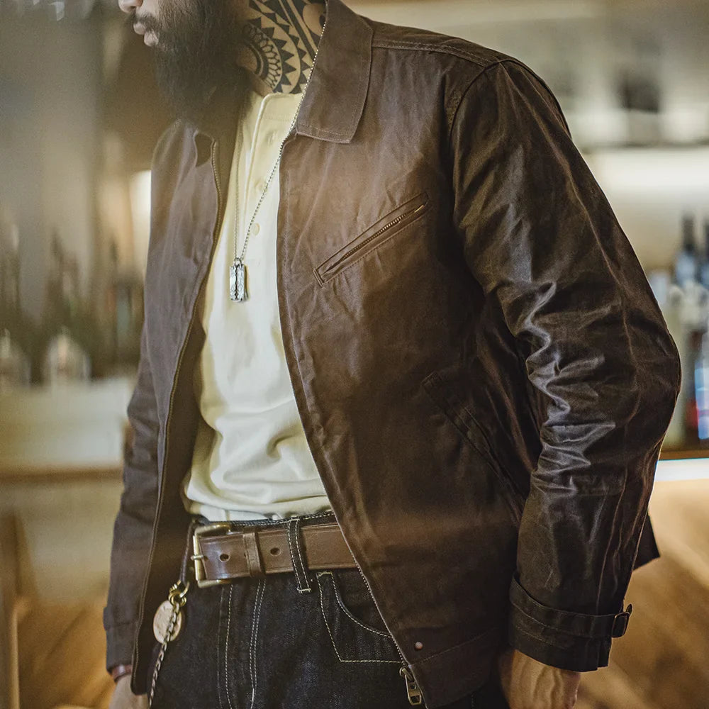 Thomas Hillas | Vintage Herrenjacke aus gewachstem Canvas – IV-Design mit Reißverschluss & Reverskragen, Kurzschnitt, Slim Fit für Frühling & Herbst