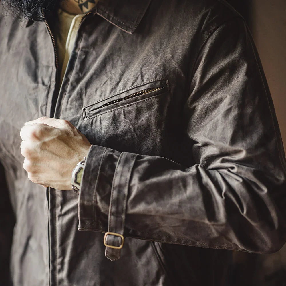 Thomas Hillas | Vintage Herrenjacke aus gewachstem Canvas – IV-Design mit Reißverschluss & Reverskragen, Kurzschnitt, Slim Fit für Frühling & Herbst
