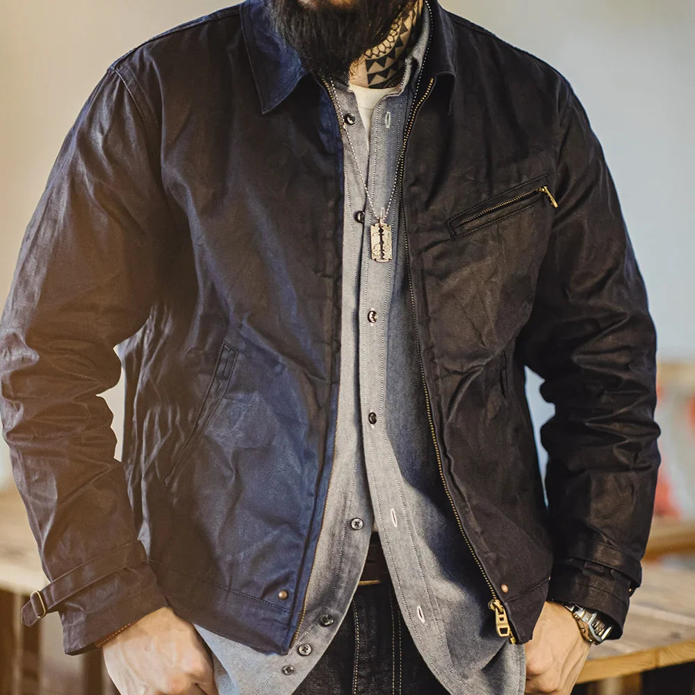 Thomas Hillas | Vintage Herrenjacke aus gewachstem Canvas – IV-Design mit Reißverschluss & Reverskragen, Kurzschnitt, Slim Fit für Frühling & Herbst