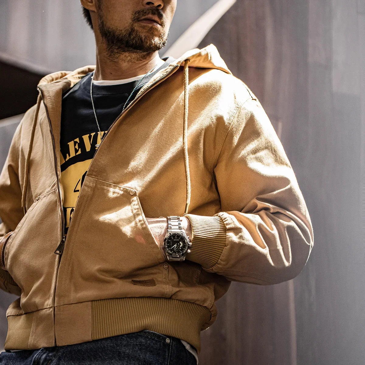 Thomas Hillas | Vintage J130 Herrenjacke – Schwere Canvas-Kapuzenjacke mit Reißverschluss, Kurzschnitt & Unifarbe