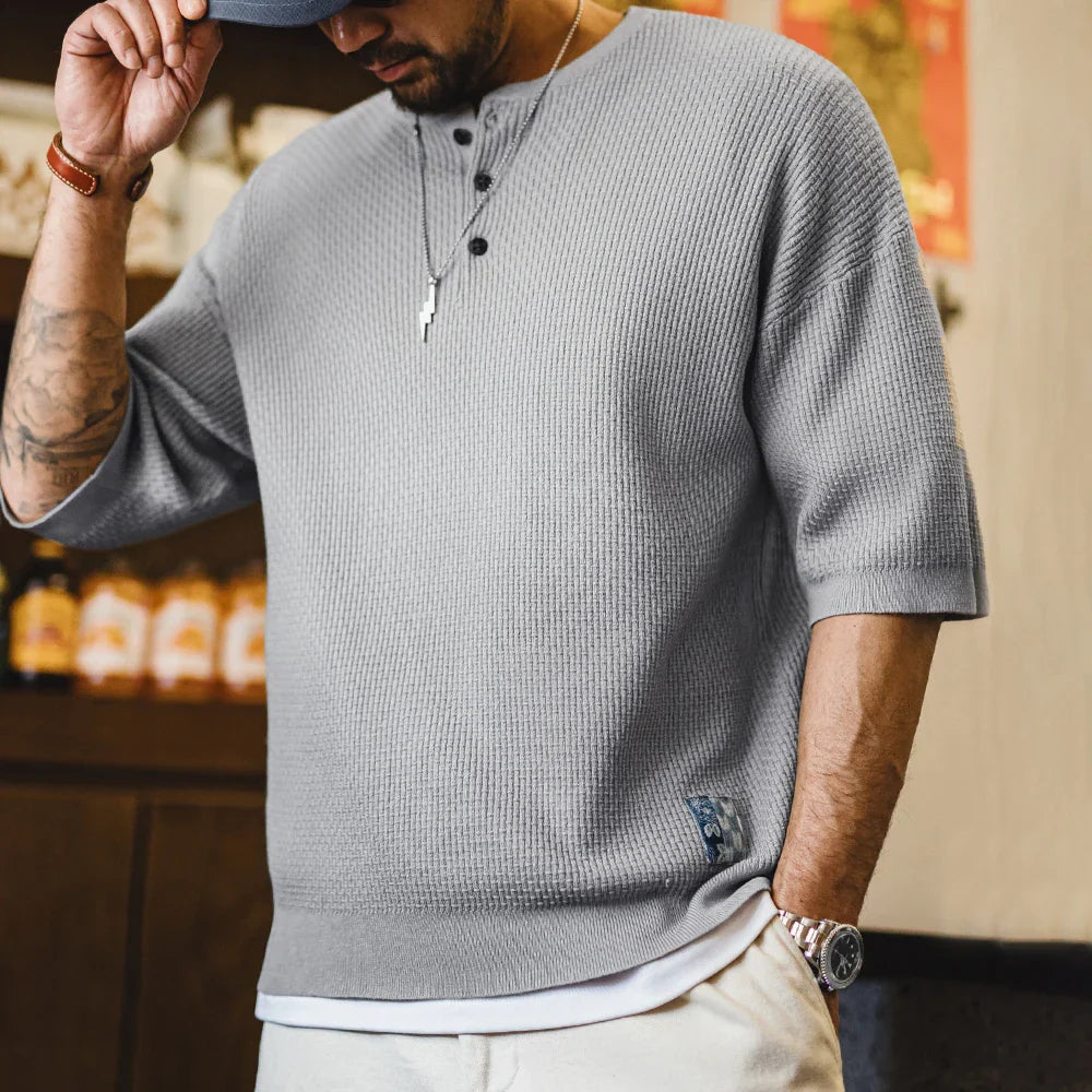 Thomas Hillas | Vintage Henley Shirt Herren – Kurzarm, Sommer, Grau, Lockerer Schnitt
