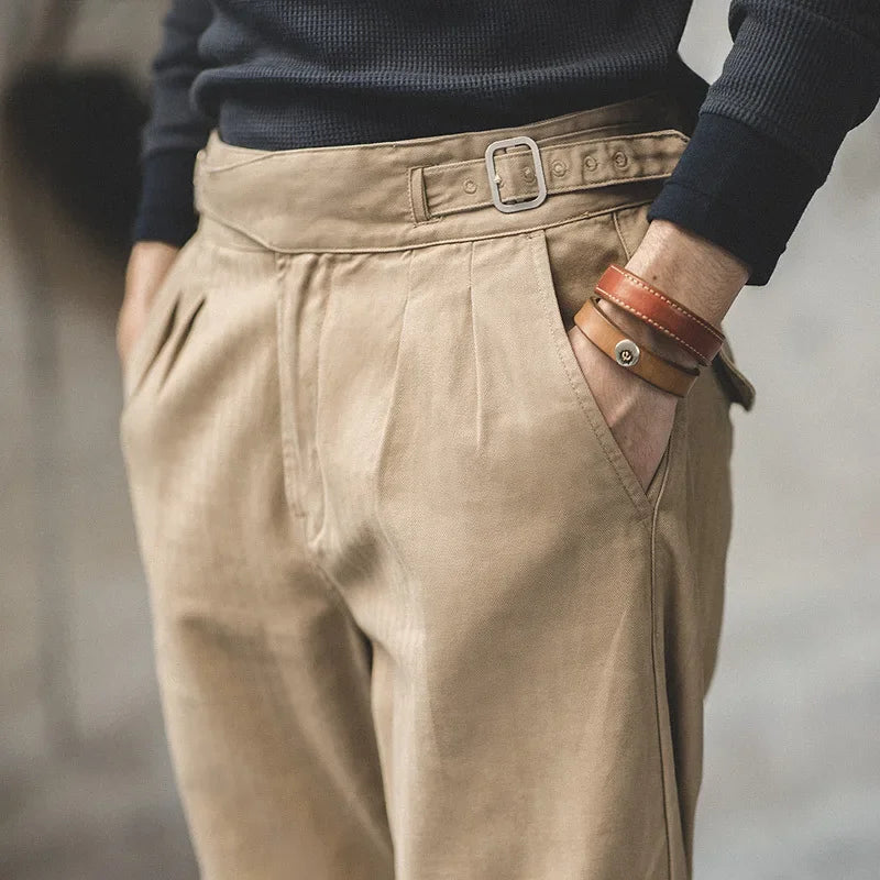 Thomas Hillas | Vintage Khaki Gurkha-Hose für Herren – Verstellbare High-Waist Cargo-Arbeitshose mit geradem Bein
