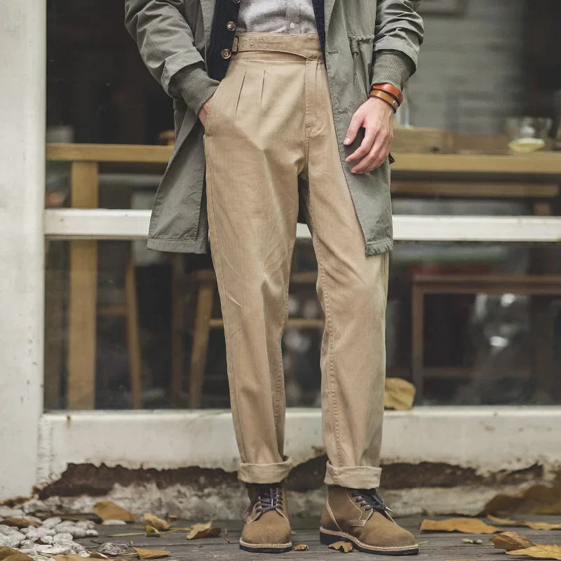 Thomas Hillas | Vintage Khaki Gurkha-Hose für Herren – Verstellbare High-Waist Cargo-Arbeitshose mit geradem Bein