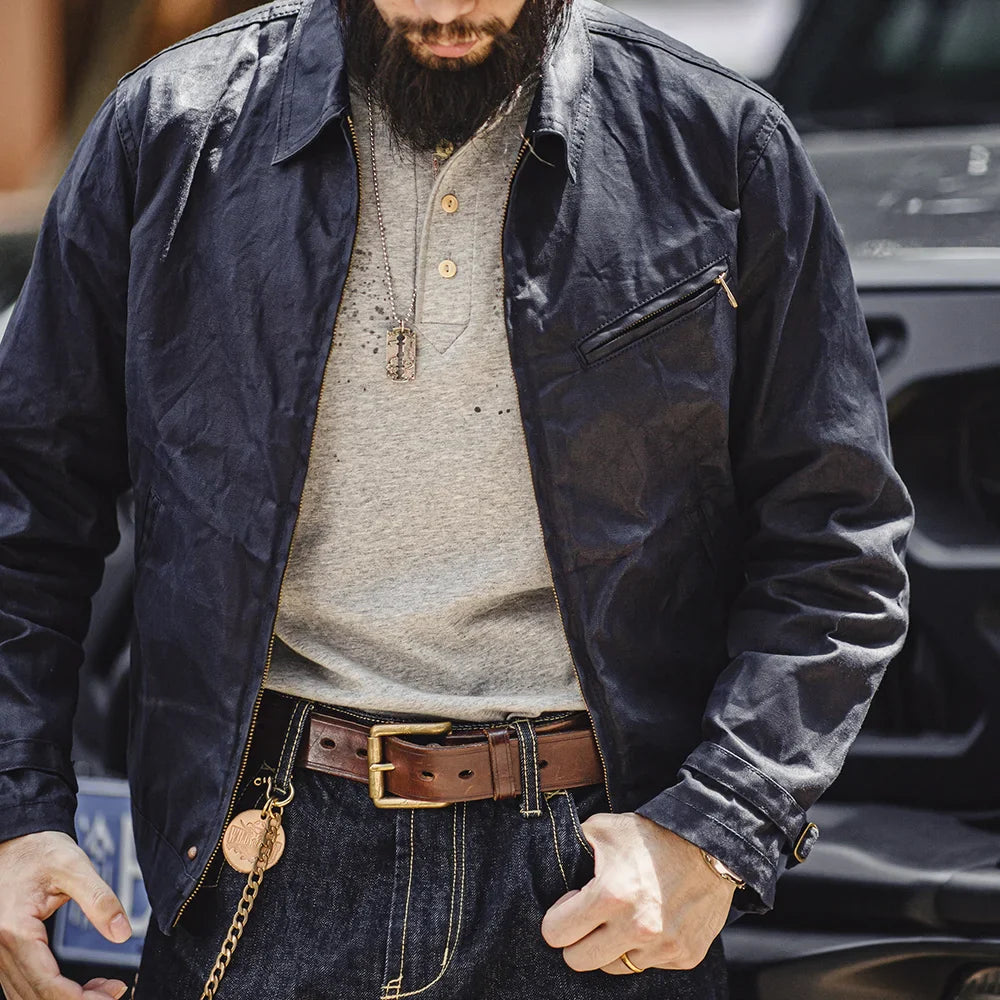 Thomas Hillas | Vintage Herrenjacke aus gewachstem Canvas – IV-Design mit Reißverschluss & Reverskragen, Kurzschnitt, Slim Fit für Frühling & Herbst