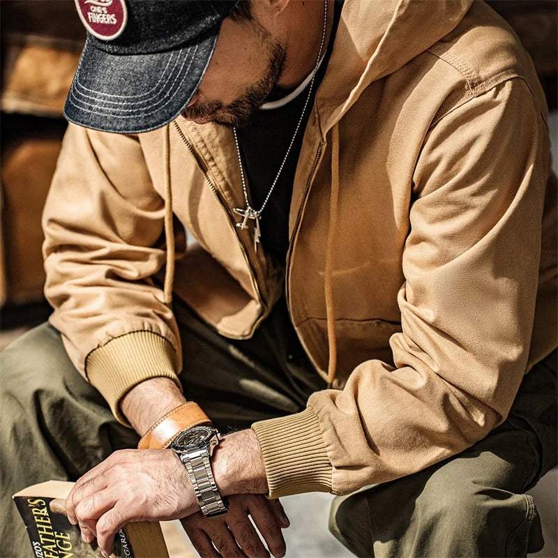 Thomas Hillas | Vintage J130 Herrenjacke – Schwere Canvas-Kapuzenjacke mit Reißverschluss, Kurzschnitt & Unifarbe