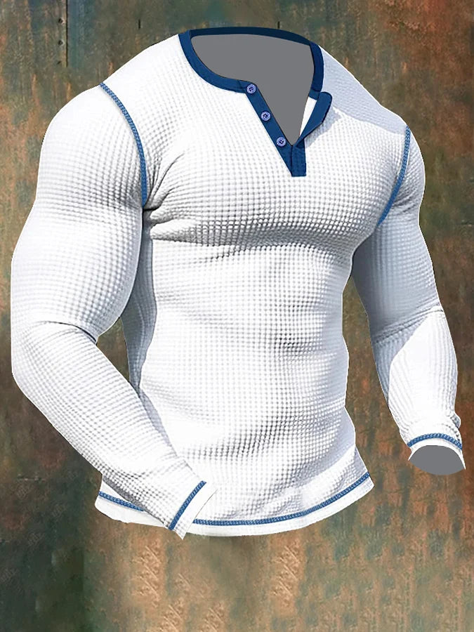 Thomas Hillas | Herren-Sport-Langarm-T-Shirt mit Waffelmuster und Henley-Kragen