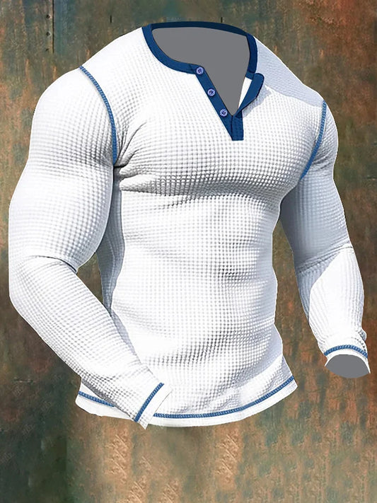 Thomas Hillas | Herren-Sport-Langarm-T-Shirt mit Waffelmuster und Henley-Kragen