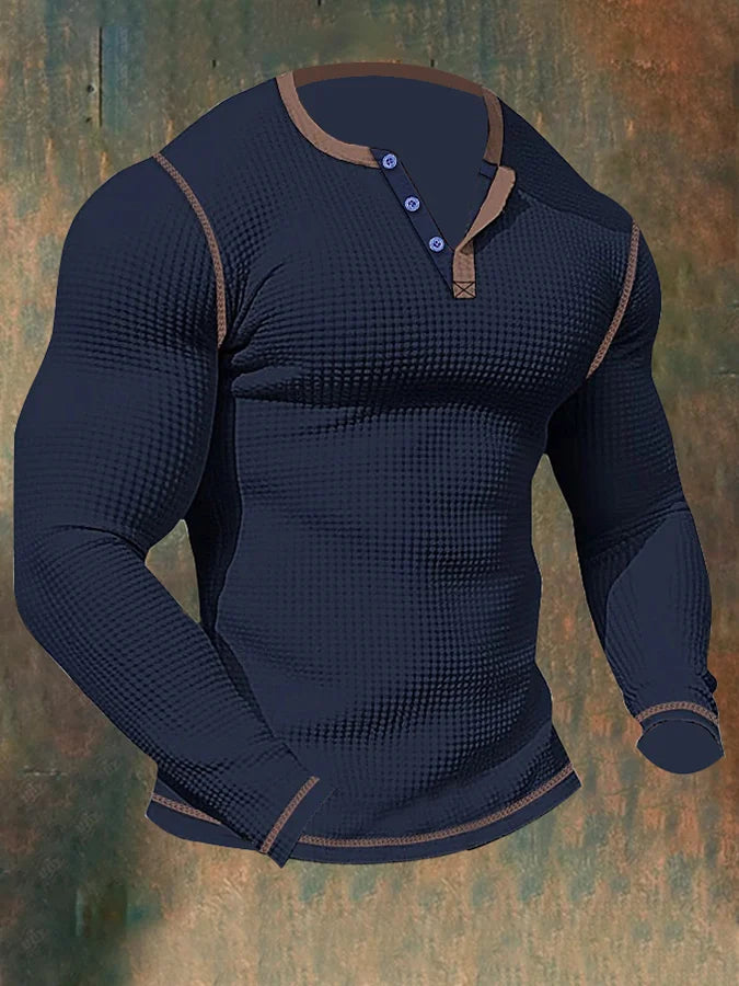 Thomas Hillas | Herren-Sport-Langarm-T-Shirt mit Waffelmuster und Henley-Kragen