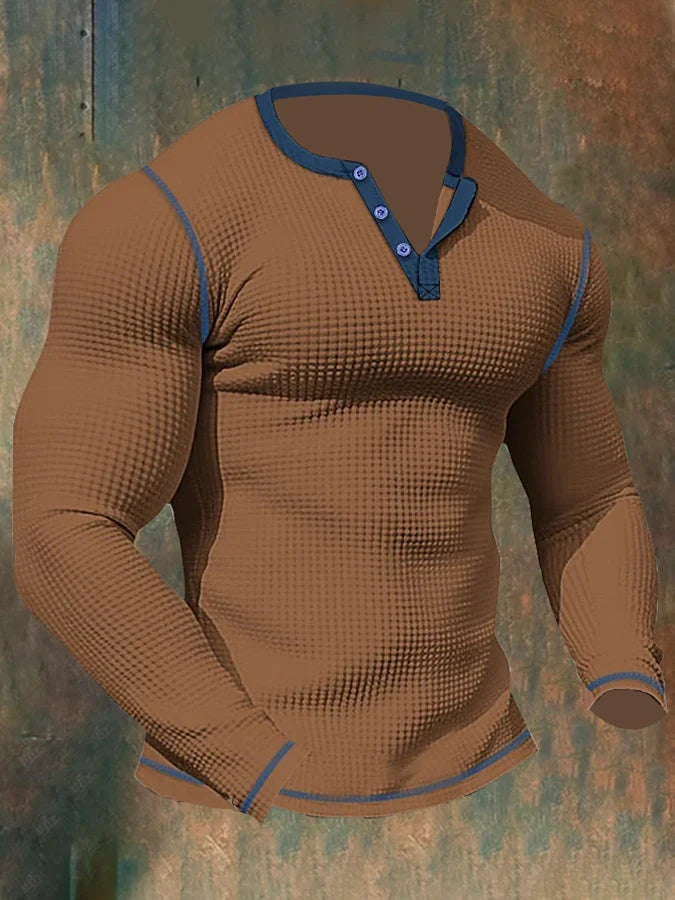 Thomas Hillas | Herren-Sport-Langarm-T-Shirt mit Waffelmuster und Henley-Kragen