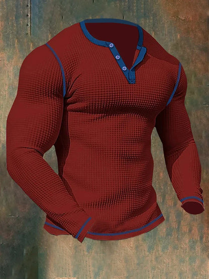 Thomas Hillas | Herren-Sport-Langarm-T-Shirt mit Waffelmuster und Henley-Kragen