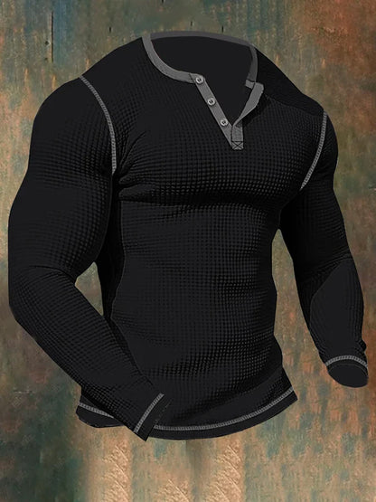 Thomas Hillas | Herren-Sport-Langarm-T-Shirt mit Waffelmuster und Henley-Kragen