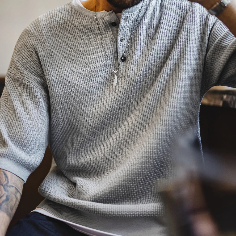 Thomas Hillas | Vintage Henley Shirt Herren – Kurzarm, Sommer, Grau, Lockerer Schnitt