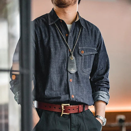 Thomas Hillas | Retro Robustes Denim-Hemd mit Kontrastnähten