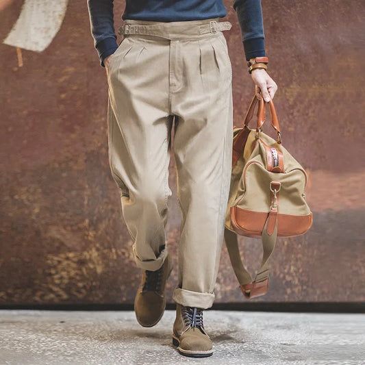 Thomas Hillas | Vintage Khaki Gurkha-Hose für Herren – Verstellbare High-Waist Cargo-Arbeitshose mit geradem Bein