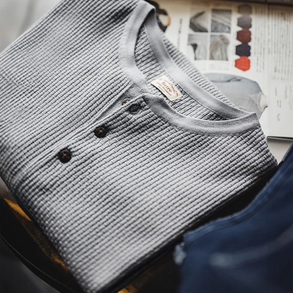 Thomas Hillas | Vintage Henley Shirt Herren – Kurzarm, Sommer, Grau, Lockerer Schnitt