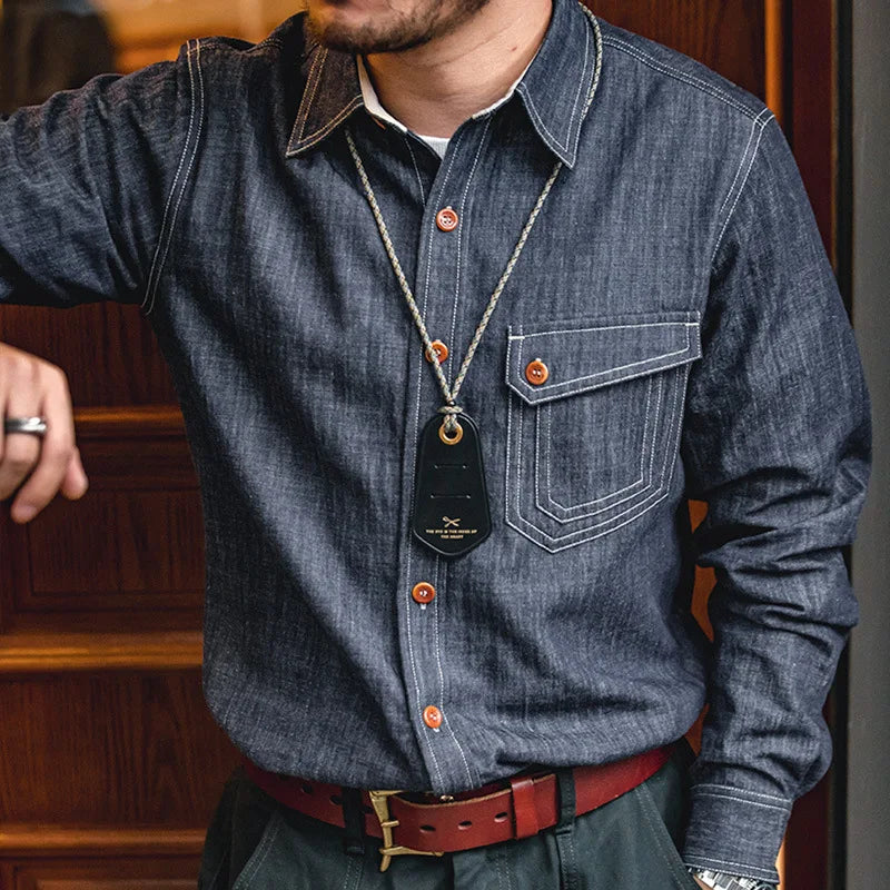 Thomas Hillas | Retro Robustes Denim-Hemd mit Kontrastnähten
