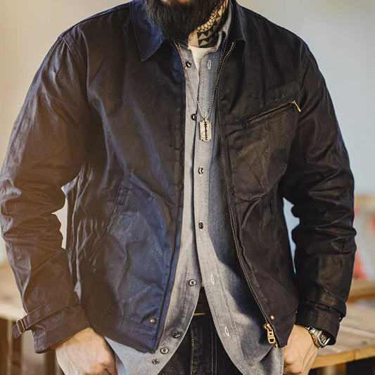 Thomas Hillas | Vintage Herrenjacke aus gewachstem Canvas – IV-Design mit Reißverschluss & Reverskragen, Kurzschnitt, Slim Fit für Frühling & Herbst
