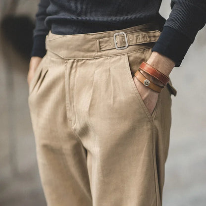 Thomas Hillas | Vintage Khaki Gurkha-Hose für Herren – Verstellbare High-Waist Cargo-Arbeitshose mit geradem Bein