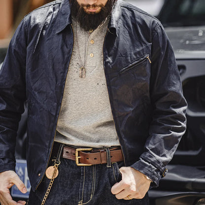 Thomas Hillas | Vintage Herrenjacke aus gewachstem Canvas – IV-Design mit Reißverschluss & Reverskragen, Kurzschnitt, Slim Fit für Frühling & Herbst