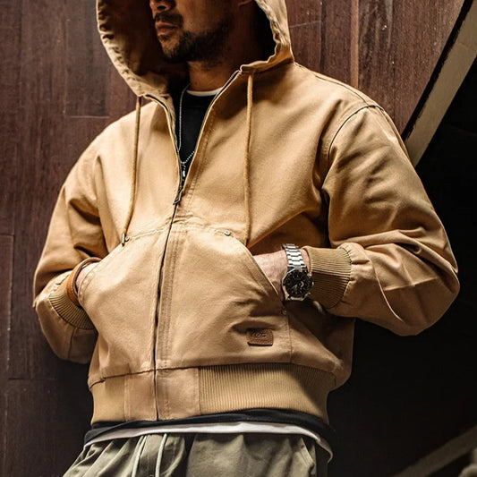 Thomas Hillas |  Vintage J130 Herrenjacke – Schwere Canvas-Kapuzenjacke mit Reißverschluss, Kurzschnitt & Unifarbe