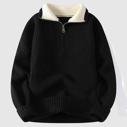 Thomas Hillas | Strickpullover mit halbem Reißverschluss und Kontrastkragen