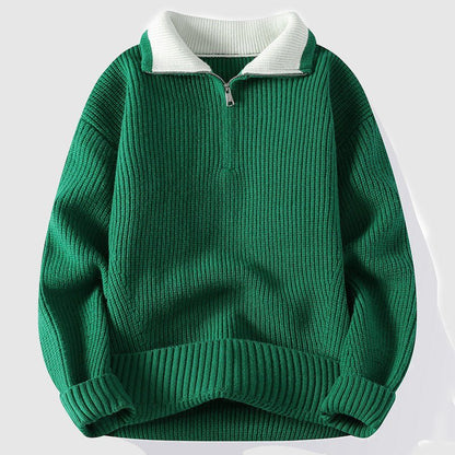 Thomas Hillas | Strickpullover mit halbem Reißverschluss und Kontrastkragen