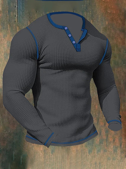Thomas Hillas | Herren-Sport-Langarm-T-Shirt mit Waffelmuster und Henley-Kragen